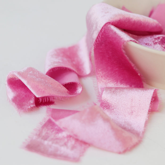Dragon Fruit - Hand dyed silk velvet ribbon