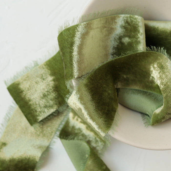 Moss green - Hand dyed silk velvet ribbon