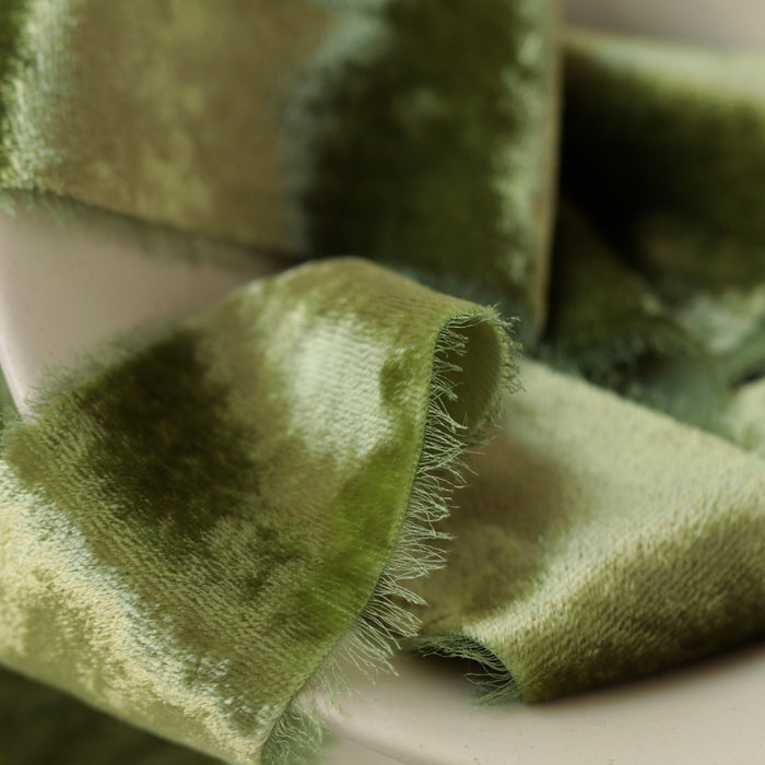 Moss green - Hand dyed silk velvet ribbon