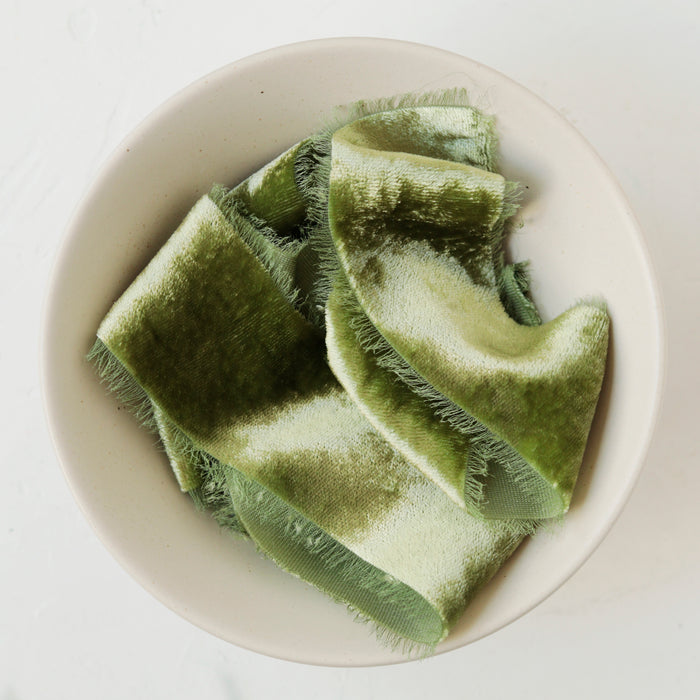 Moss green - Hand dyed silk velvet ribbon