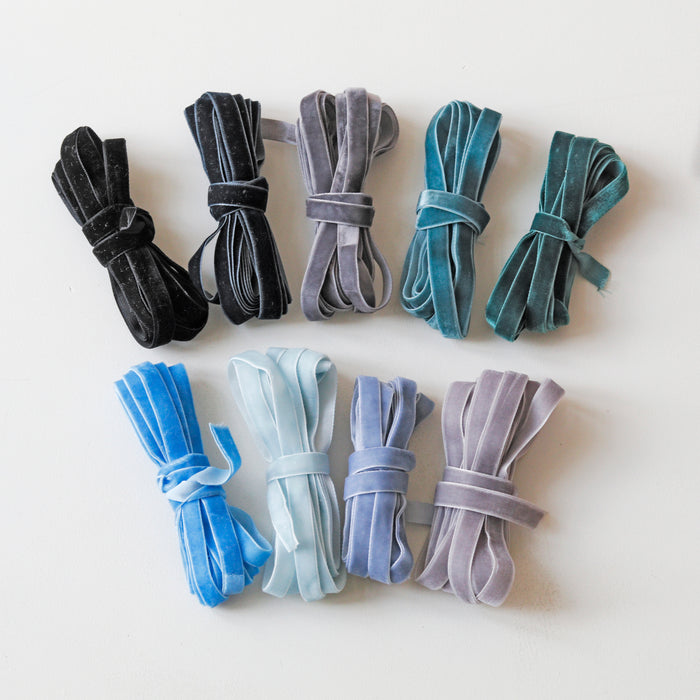 10 mm  Hand Dyed Velvet Ribbon - Blue Colors