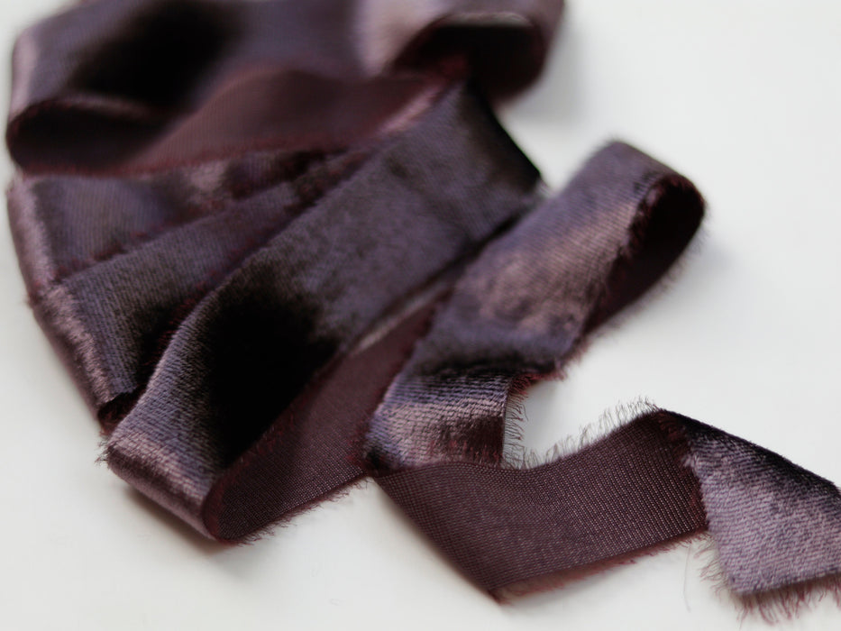 PLUM - hand torn silk velvet ribbon,hand dyed ,dark violet ribbon, ribbon for christmas wreaths wedding bouquets gift wrapping and decor