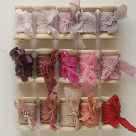 hand torn silk ribbon, hand dyed wedding ribbon for wedding bouquets dusty rose invitations wedding decor pink bouquet ribbon frayed edges