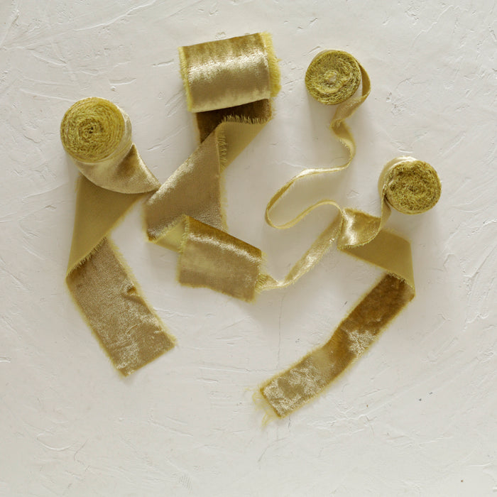 Golden olive - Hand dyed silk velvet ribbon